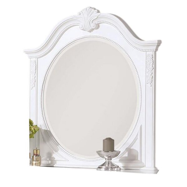 Aleci Dresser Mirror, 42 Inch Carved Frame, Classic White Solid Wood