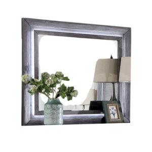 Reno Dresser Mirror, White LED Lights, 46 Inch Gray Solid Wood Frame