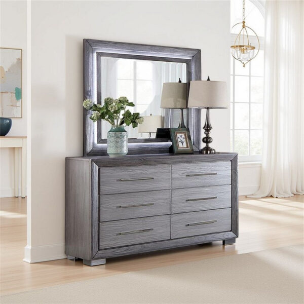 Reno Dresser Mirror, White LED Lights, 46 Inch Gray Solid Wood Frame