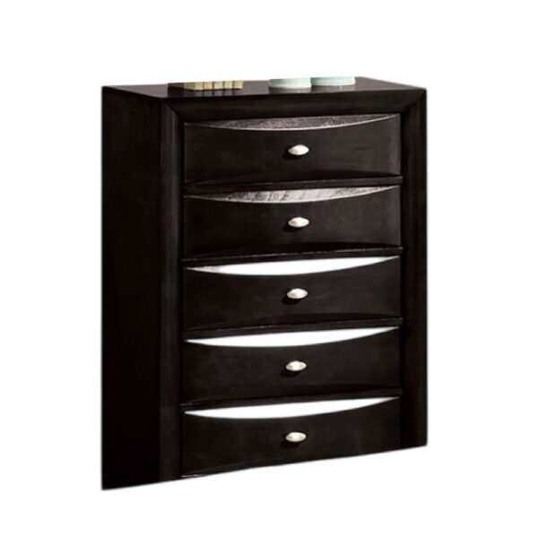 Simo Tall Dresser Chest, 5 Drawers, Chrome Handles, Modern Black Wood