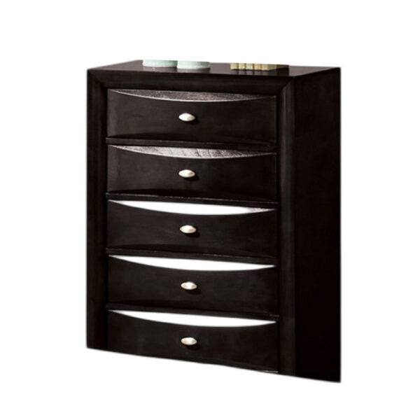 Simo Tall Dresser Chest, 5 Drawers, Chrome Handles, Modern Black Wood