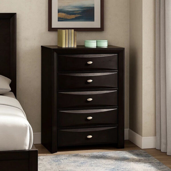 Simo Tall Dresser Chest, 5 Drawers, Chrome Handles, Modern Black Wood