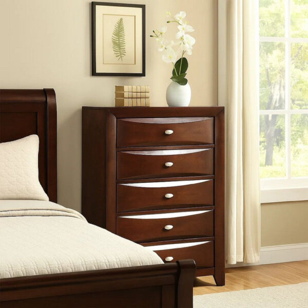 Simo Tall Dresser Chest, 5 Drawers Chrome Handles, Modern Cherry Brown