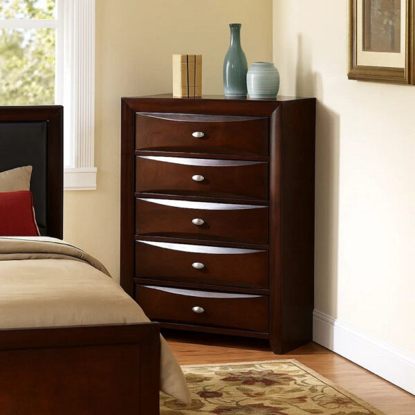 Simo Tall Dresser Chest, 5 Drawers Chrome Handles, Modern Cherry Brown