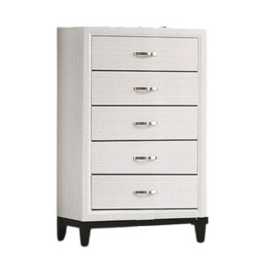 Erica Tall Dresser Chest, 5 Drawers Chrome Bar Handles, White Wood