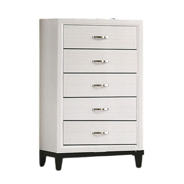 Erica Tall Dresser Chest, 5 Drawers Chrome Bar Handles, White Wood