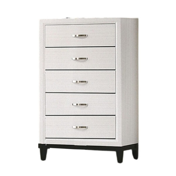 Erica Tall Dresser Chest, 5 Drawers Chrome Bar Handles, White Wood