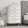 Erica Tall Dresser Chest, 5 Drawers Chrome Bar Handles, White Wood