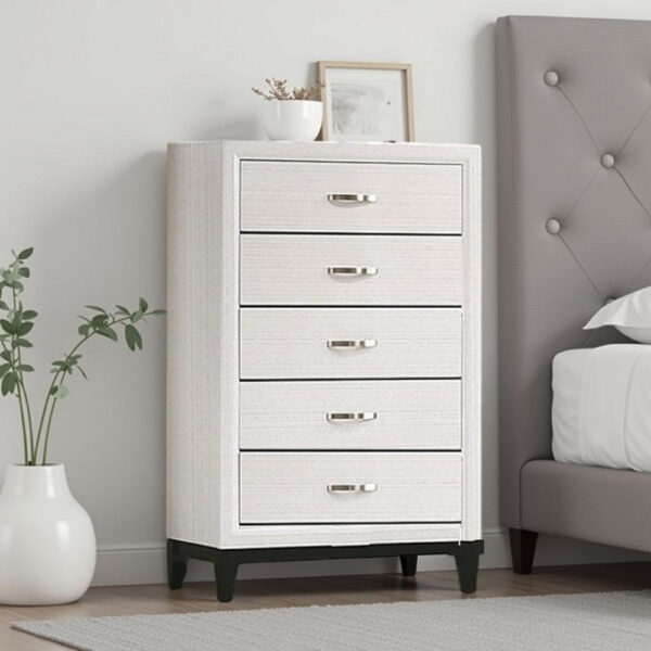 Erica Tall Dresser Chest, 5 Drawers Chrome Bar Handles, White Wood