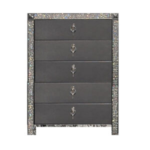 Laine Tall Dresser Chest, 5 Drawers, Crystal Trim, Gray Solid Wood