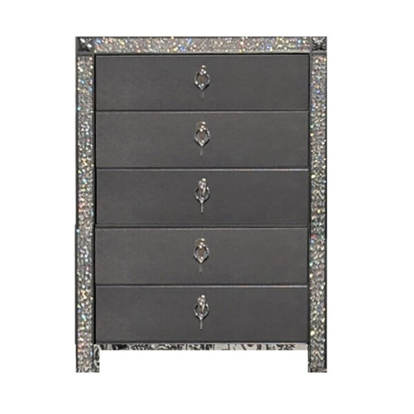 Laine Tall Dresser Chest, 5 Drawers, Crystal Trim, Gray Solid Wood