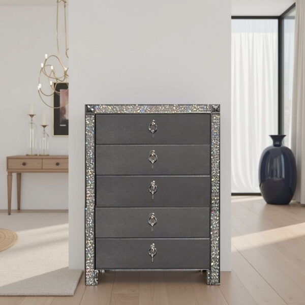 Laine Tall Dresser Chest, 5 Drawers, Crystal Trim, Gray Solid Wood