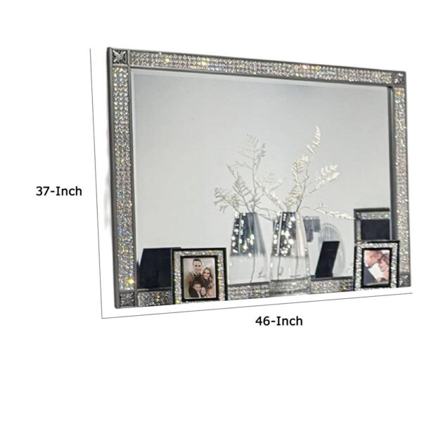 Laine Dresser Mirror, Crystal Trim Frame, 46 Inch Gray Solid Wood