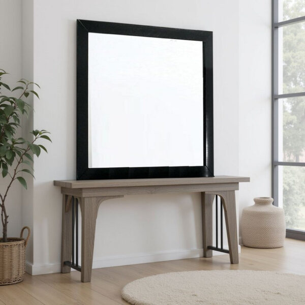 Ryla Dresser Vanity Mirror, 38 Inch Square Frame, Black Solid Wood