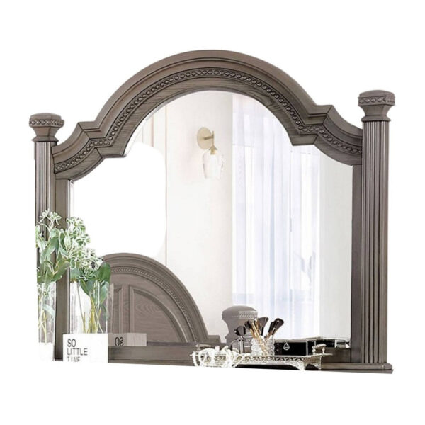 Akia Dresser Vanity Mirror, Reeded Posts, 49 Inch Gray Bell Top Frame