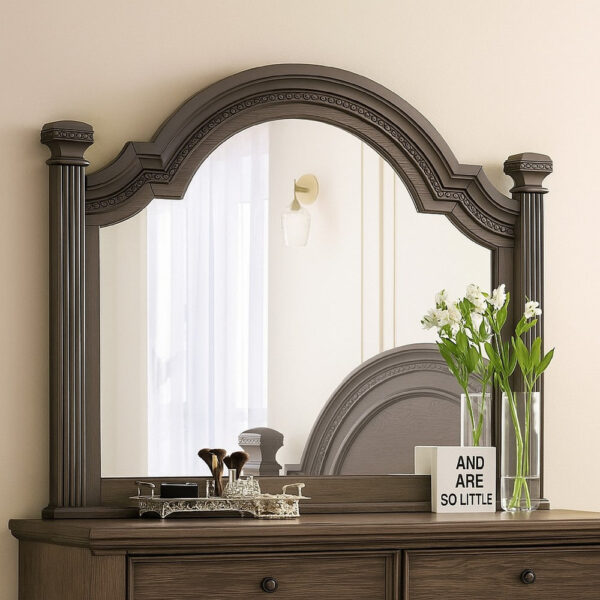 Akia Dresser Vanity Mirror, Reeded Posts, 49 Inch Gray Bell Top Frame