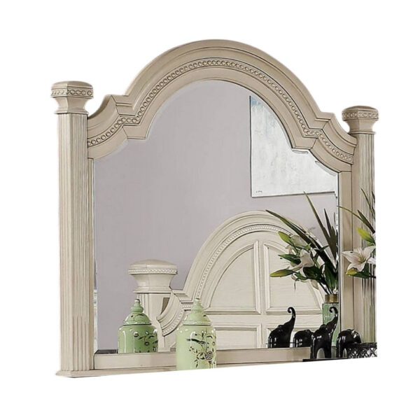 Akia Dresser Mirror, Reeded Posts, 49 Inch Antique White Bell Frame