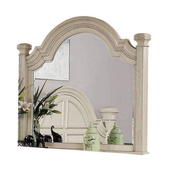 Akia Dresser Mirror, Reeded Posts, 49 Inch Antique White Bell Frame