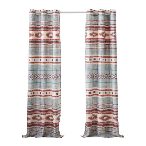 Pimi 2 Panel Curtain Set, Boho Stripes Red White Gray, Microfiber