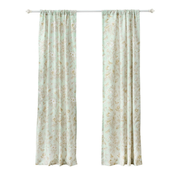 Vola 2 Panel Curtain Set, Light Mint Green Microfiber, Floral Pattern