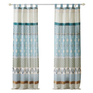 Ello 2 Panel Curtain Panel Set, Cotton White and Blue Geometric Print
