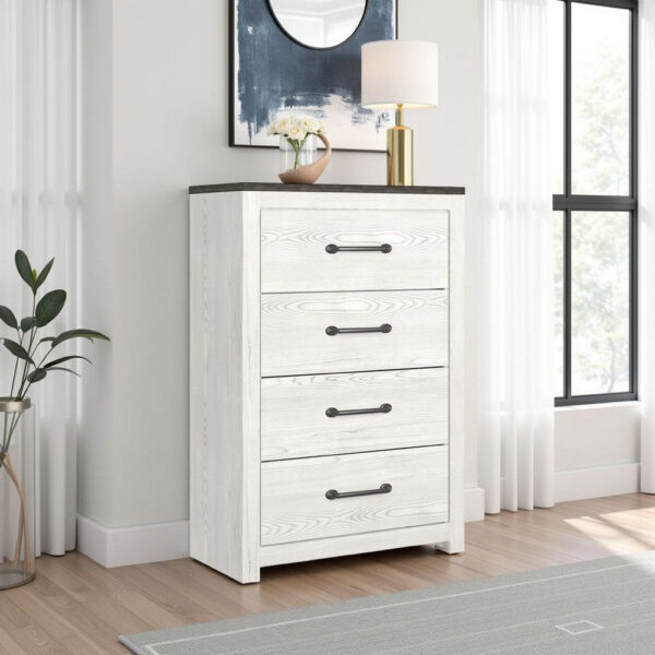 Hara Tall Dresser Chest, 4 Drawers Metal Handles, Farmhouse White Gray