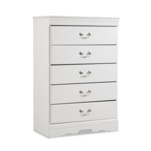 Roso Tall Dresser Chest, Classic White, 5 Drawers Pewter Metal Handles