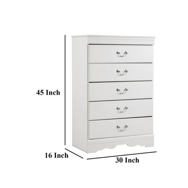 150220266992357eac034.jpeg Roso Tall Dresser Chest, Classic White, 5 Drawers Pewter Metal Handles
