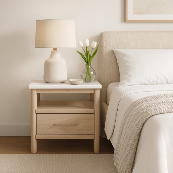 Mooran Nightstand, 1 Drawer w USB-C, Marble Finish Top, Brown Beige