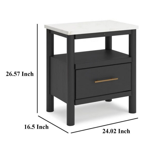 Mooran Nightstand, 1 Drawer w USB, White Marble Finish Top, Black