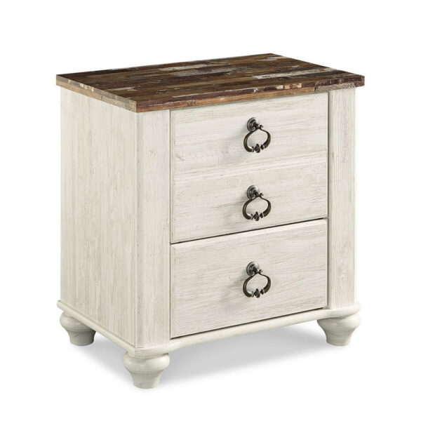 Isla Nightstand, 2 Drawers, 2 USB, Brown Wood Top, Rustic Whitewash
