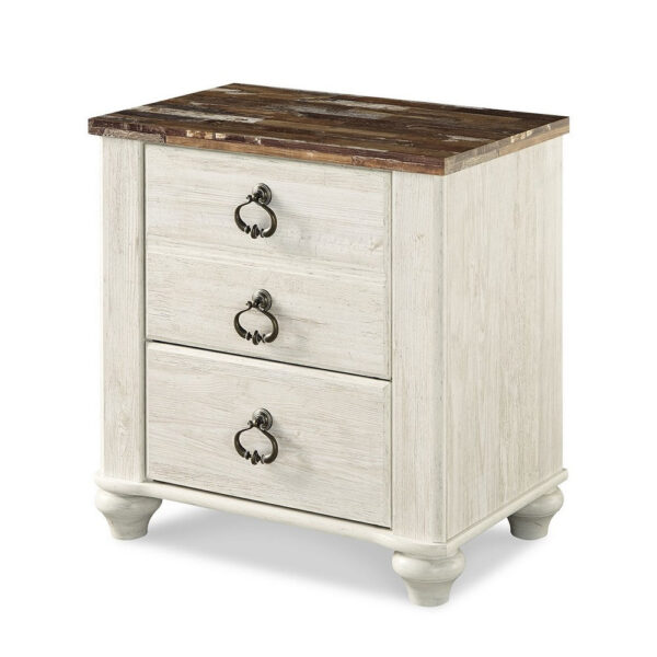 Isla Nightstand, 2 Drawers, 2 USB, Brown Wood Top, Rustic Whitewash
