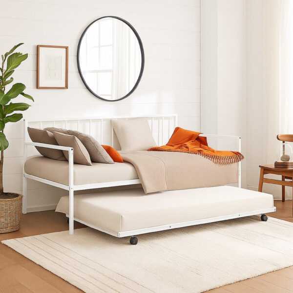 Ham Daybed with Pull Out Trundle, White Slatted Open Metal Frame