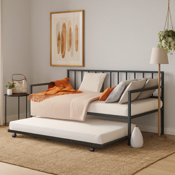Ham Daybed with Pull Out Trundle, Black Slatted Open Metal Frame
