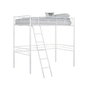 150220266992375c84daf.jpeg Mylz Twin Loft Bed, 61 Inch, White Metal Frame, Attached Angled Ladder