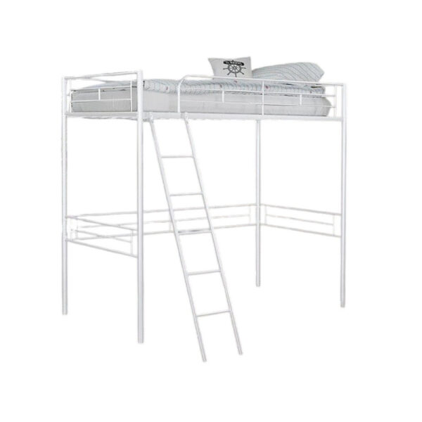 150220266992375c84daf.jpeg Mylz Twin Loft Bed, 61 Inch, White Metal Frame, Attached Angled Ladder