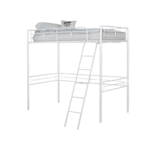 150220266992375e7002f.jpeg Mylz Twin Loft Bed, 61 Inch, White Metal Frame, Attached Angled Ladder