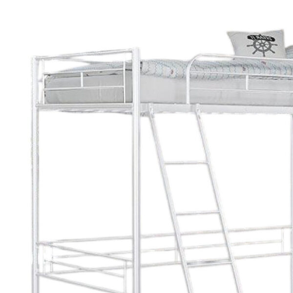 150220266992376060ad9.jpeg Mylz Twin Loft Bed, 61 Inch, White Metal Frame, Attached Angled Ladder