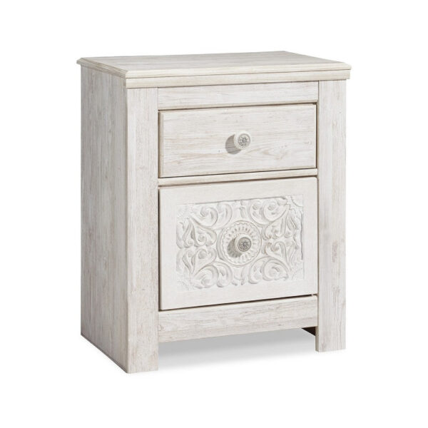 Paxy Nightstand, 2 Drawers, 2 USB Ports, Laminate Whitewash Finish