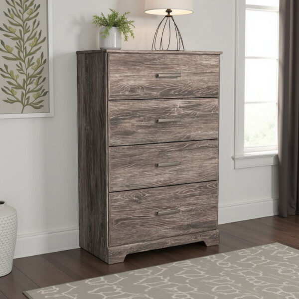 Isnk Tall Dresser Chest, 4 Drawers, Modern Farmhouse Laminate Gray Oak