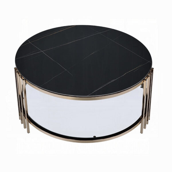 15022026699237c5d23d8.jpeg Abio Coffee Table, 35 Inch, Round Sintered Stone Top, Black and Gold