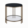 Abio Side End Table, 23 Inch, Round Sintered Stone Top, Black and Gold