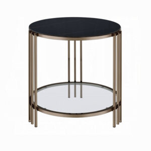 Abio Side End Table, 23 Inch, Round Sintered Stone Top, Black and Gold