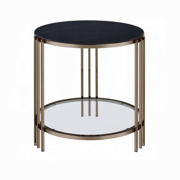 Abio Side End Table, 23 Inch, Round Sintered Stone Top, Black and Gold