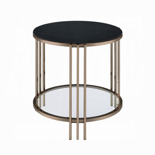 Abio Side End Table, 23 Inch, Round Sintered Stone Top, Black and Gold