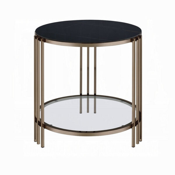 Abio Side End Table, 23 Inch, Round Sintered Stone Top, Black and Gold