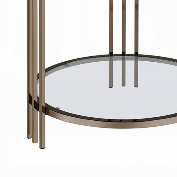 Abio Side End Table, 23 Inch, Round Sintered Stone Top, Black and Gold