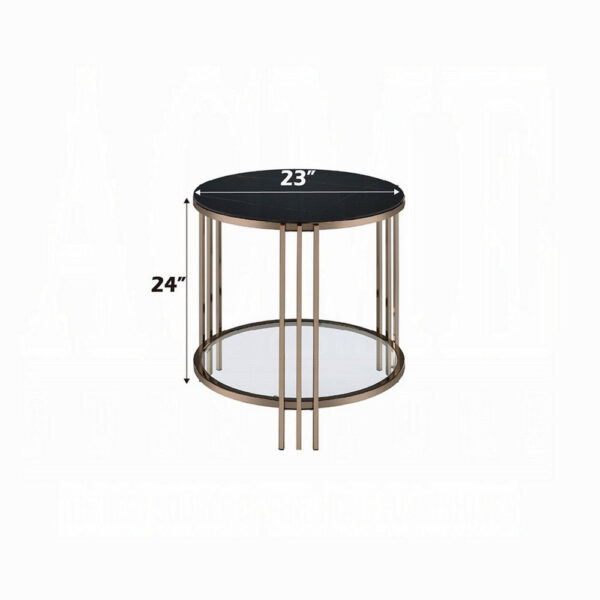 Abio Side End Table, 23 Inch, Round Sintered Stone Top, Black and Gold