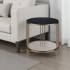 Abio Side End Table, 23 Inch, Round Sintered Stone Top, Black and Gold