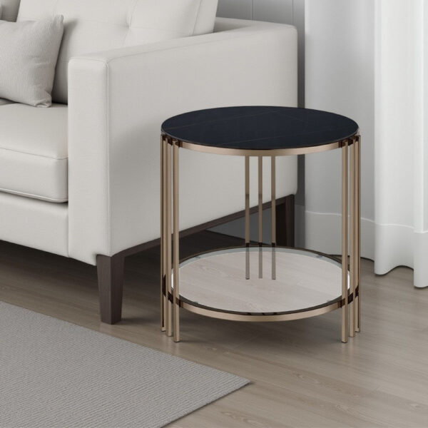 Abio Side End Table, 23 Inch, Round Sintered Stone Top, Black and Gold